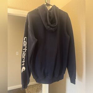 Carhartt Hoodie Womens Small 4-6 Navy Blue Arm Spellout Sweatshirt Workwear